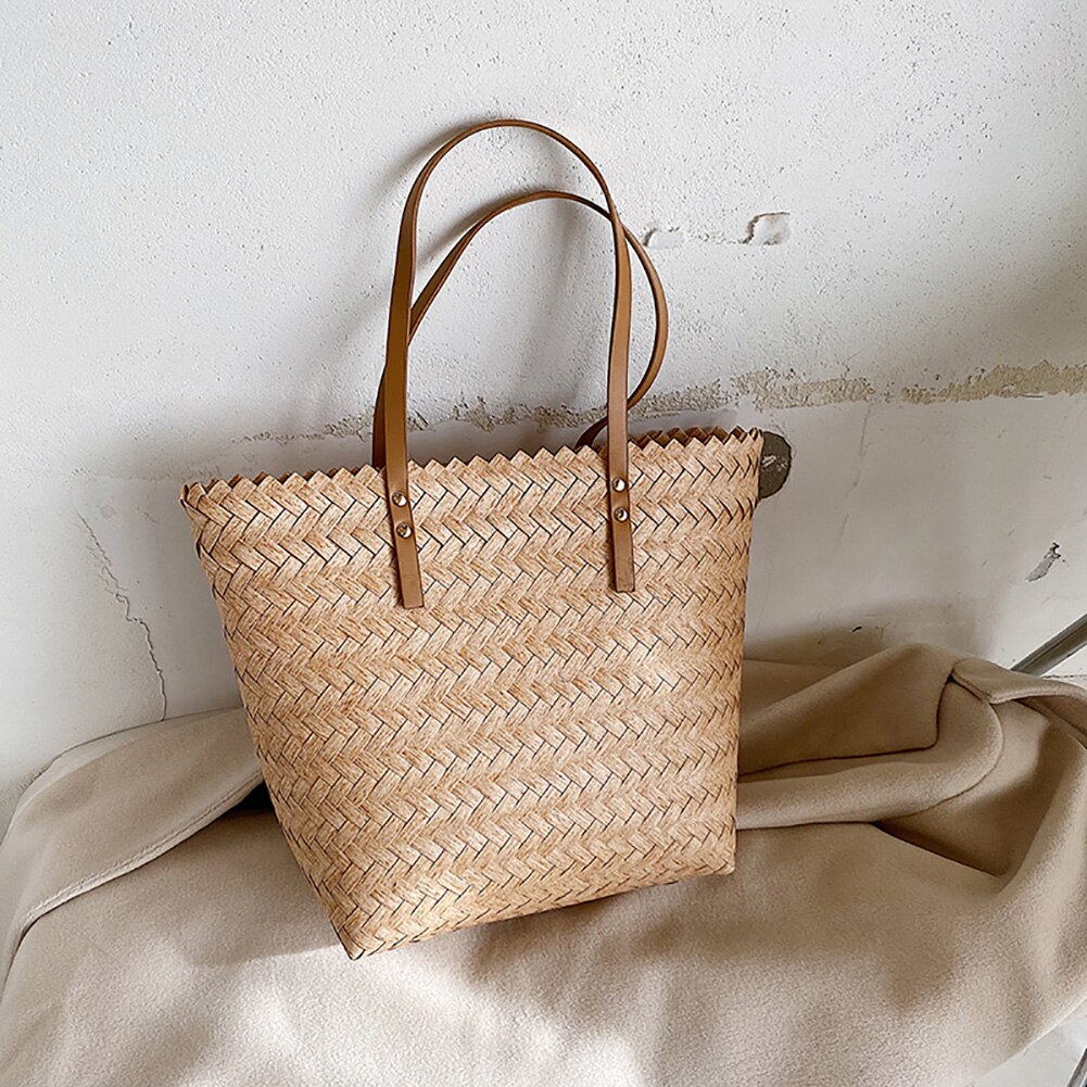 Handgeweven handtassen voor een zomerse strandvakantie, casual rieten schoudertassen voor dames, grote handgemaakte rotan draagtassen, boodschappentassen: Khaki