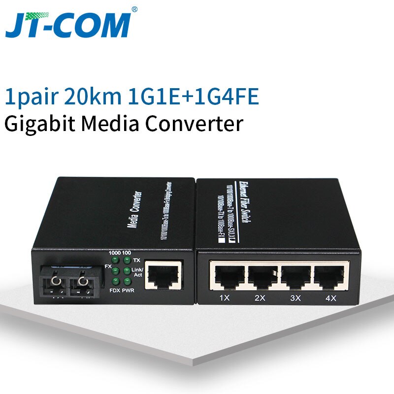 Gigabit ethernet fiber mediekonverter med en indbygget -in 1gb singlemode sc transceiver ,10/100/1000m rj45 to 1000 base-lx, op  to 20km: 1 par 1 g 1e-1 g 4e 20km