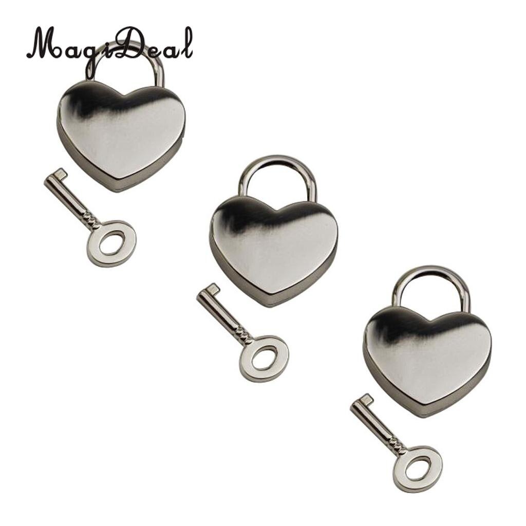 MagiDeal Lot of 3 Alloy Vintage Style Mini Padlock Key Lock Heart Shaped for Collectibles Children Kids Novelty Toy -Silver