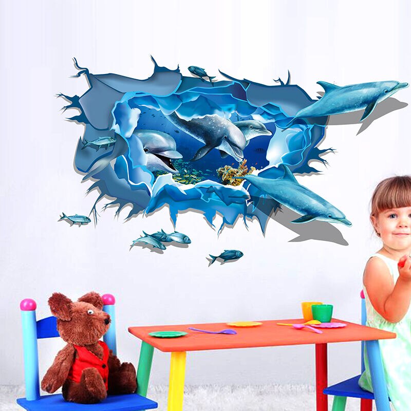 Under The Sea Wall Decals - Removable Vinyl Stickers Mural Art- 3D Dolphin Fish Blue Sea 3D Stickers Home Decor