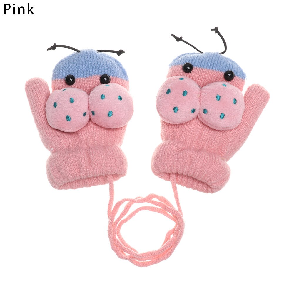 Del bambino Delle Ragazze Dei Ragazzi di Inverno Lavorato A Maglia Guanti bambino Del bambino Dei Bambini Caldo Corda dito Completa guanti Del Fumetto Dei Bambini Più di Velluto di Spessore Guanto: rosa
