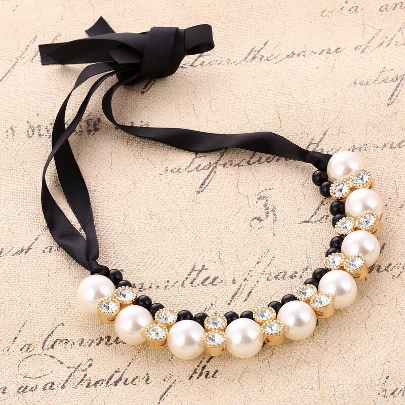 KMVEXO Imitation Pearl Chokers Necklace White Black Beads Rhinestone Ribbon Necklaces&Pendants Statement Necklace For Women