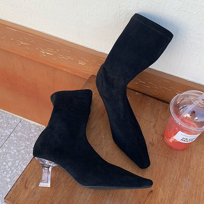 Vintertrending kvinnor plexiglas klackar mocka stövlar spetsiga tå lila sock boots aprikos mid-calf boots dam valentine skor: Svart / 8.5