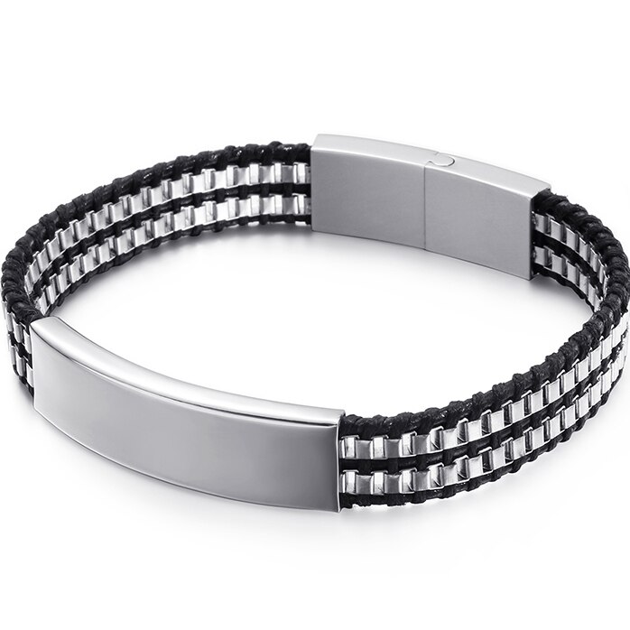 Friendship Bracelets Double Layer Stainless Steel & Leather ID Bracelet For Men Name Logo Engrave Engagement For Boyfriend: Default Title