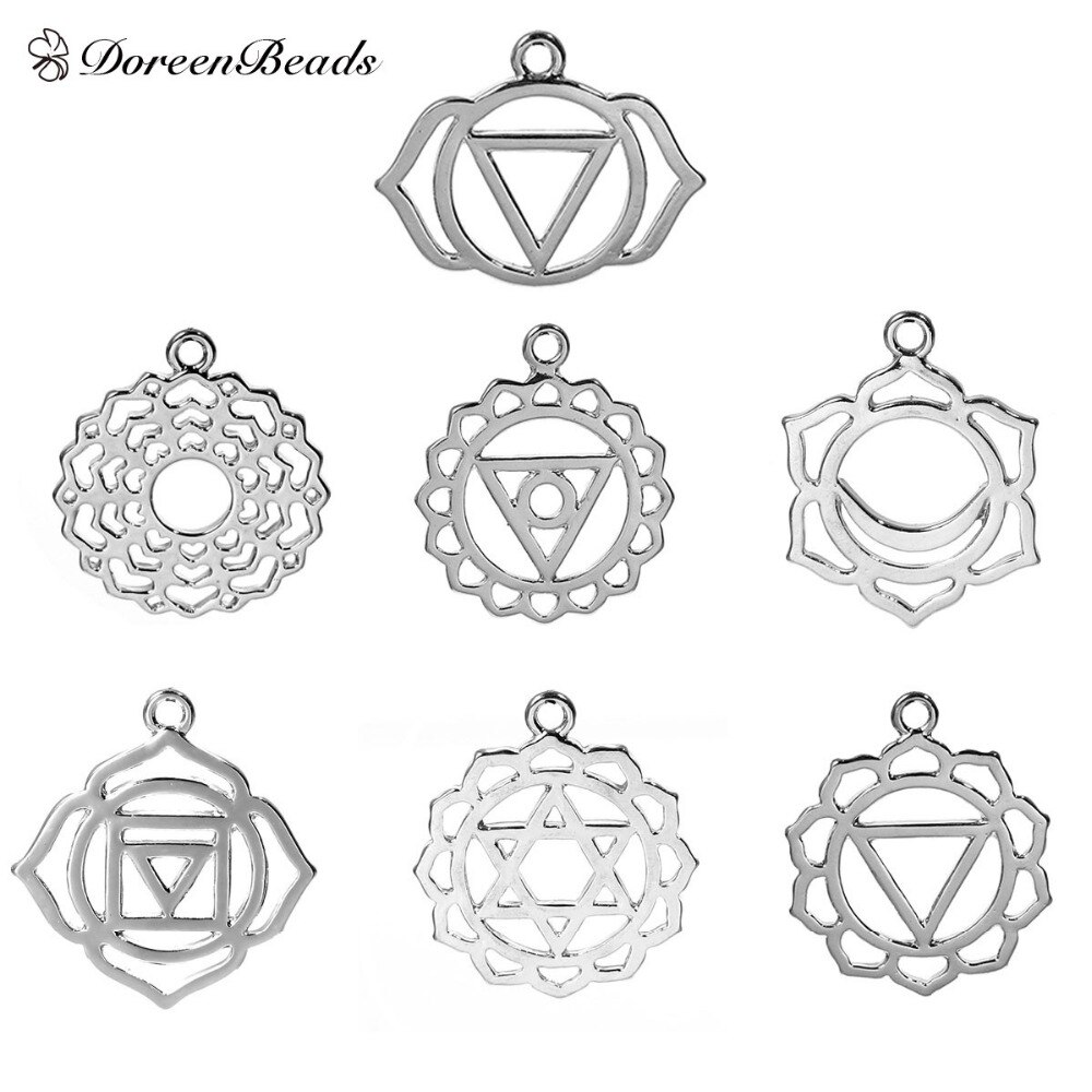 DoreenBeads Alloy Chakra Pendants Mixed Dull Silver Color Hollow 3.1cm x2.7cm(1 2/8" x1 1/8") - 29mm x23mm(1 1/8" x 7/8"), 7 PCs