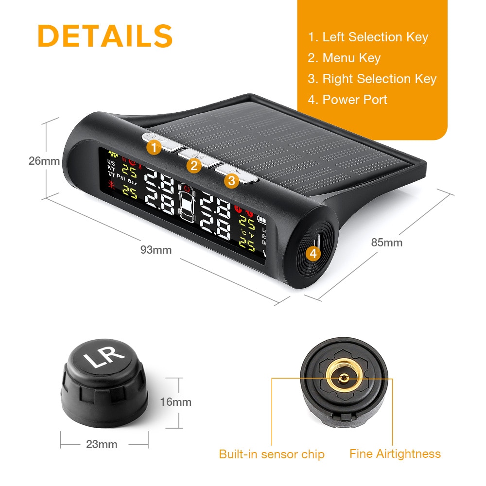 Smart Solar Car TPMS System Tire Pressure Monitoring System Solar Power charging Digital LCD Display Auto Security Alarm Systems