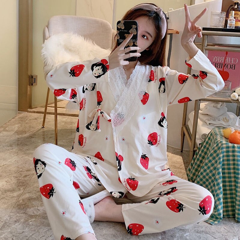 Japón Kimono maternidad set de lactancia materna de Primavera de camisón mujer embarazada 2 Pieecs lactancia pijamas ropa: Girl / XXL
