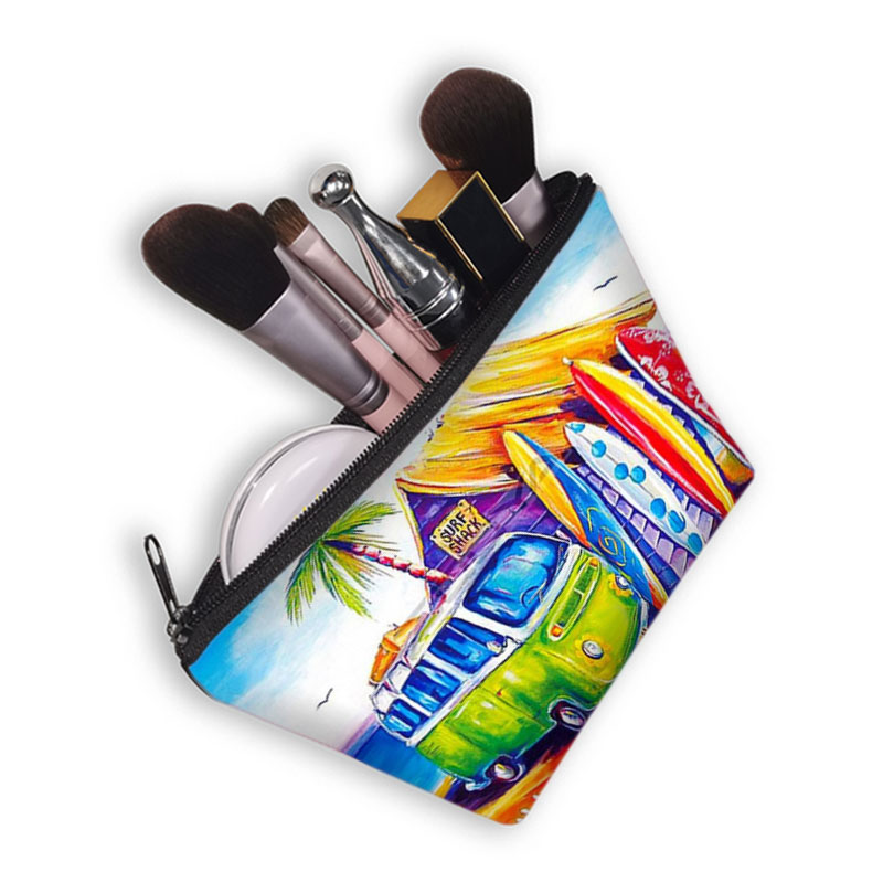Gekleurde Auto &#39;S Op Seaside Vacation Cosmetische Vrouwen Make-Up Tas Britse Auto Meisjes Opbergzakken Dames Draagbare Cosmetische Case