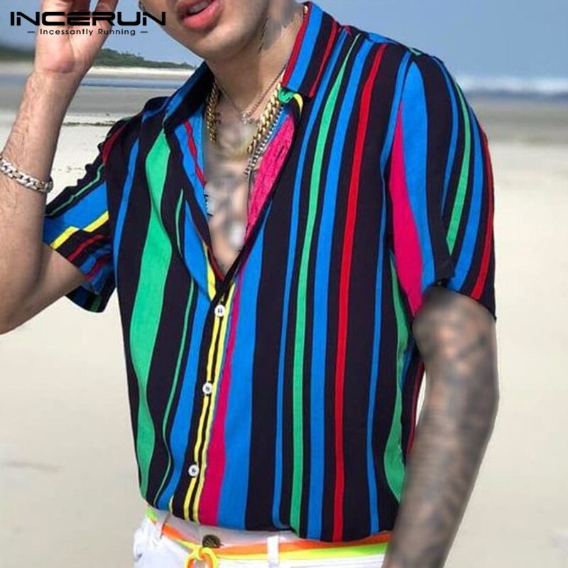 Incerun stribet mænds skjorte streetwear kortærmet revers knap afslappet hawaiiske skjorter strand åndbar camisas hombre