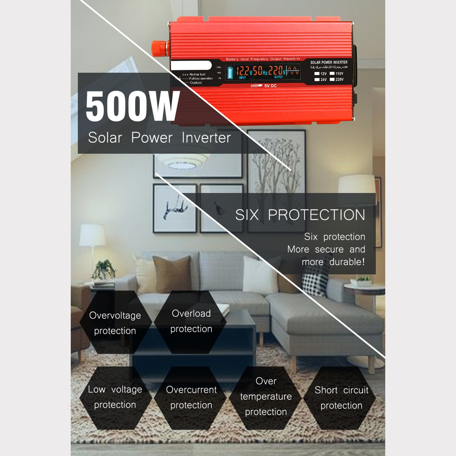 Voltage Converter 500W 1000W 12V 240V Inverter USB Power Inverter with 1 Socket and LCD Display