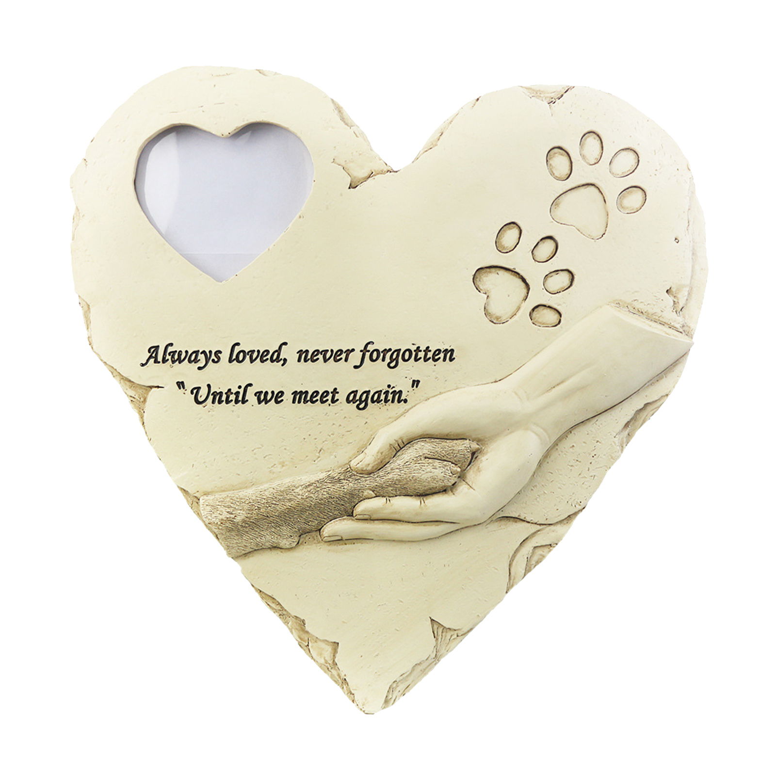 Engraved Pet Memorial Stone Heart-Shaped Paw Print Dog Headstone with Poem Photo Frame Outdoor Puppy Grave Marker