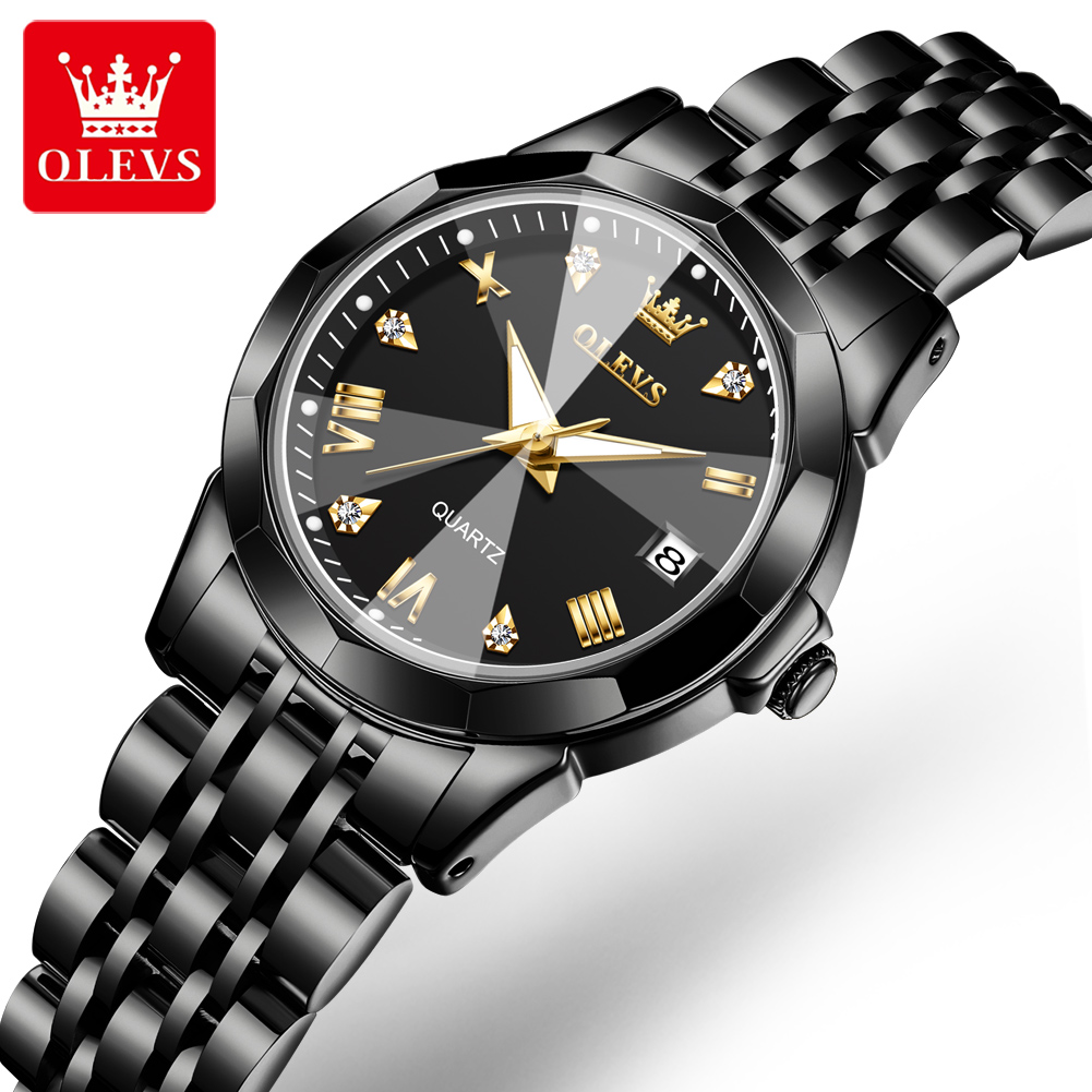 OLEVS-Reloj dorado de lujo para mujer, pulsera de acero inoxidable, , de cuarzo con rombos, resistente al agua: Negro
