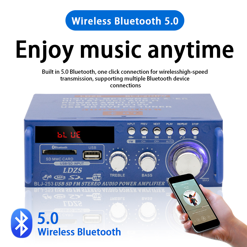 Wzmacniacz samochodowy domowa Bluetooth-kompatybilność 5.0 2-kanałowy dźwięk przestrzenny FM USB pilot zdalnego sterowania Mini HIFI wzmacniacz cyfrowy Stereo