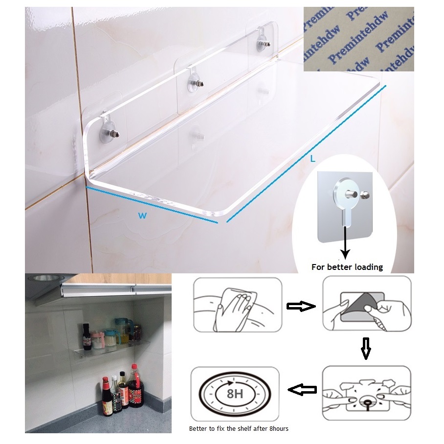 Wall Mount Clear Acrylic Floating Shelf Shelves Bath Living Room kitchen L Shape Displaying Rack Organizer Shelving Screw Free