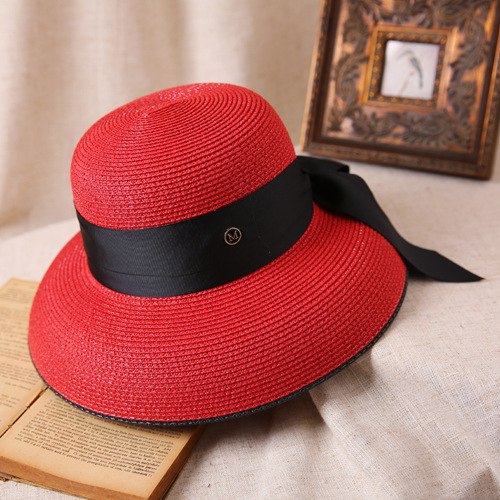 Hepburn-Sombrero de sol con lazo para mujer, sombrero de paja, sombrero de cubo, protector solar de color, sombrero de playa,: Morado