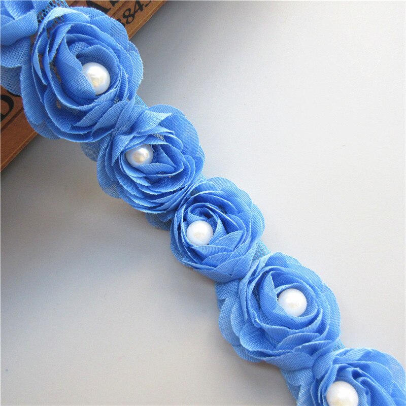 Oplosbare Chiffon Rose Bloem Parel Geborduurde Stof Kant Trim Lint Handgemaakte DIY Naaibenodigdheden Ambachtelijke Voor Kostuum Decoratie: Blauw