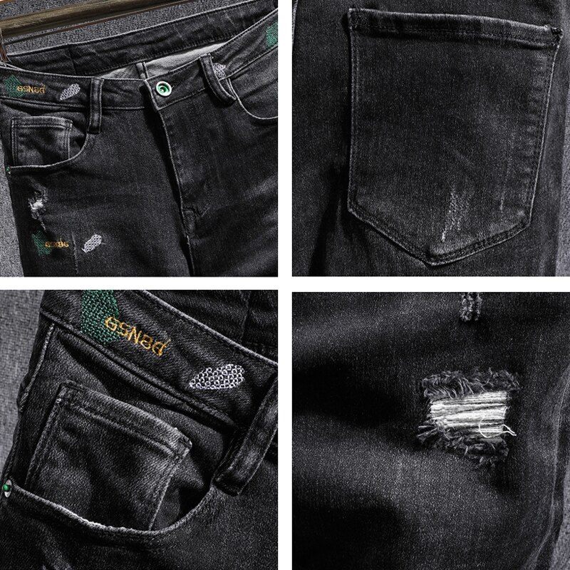 Koreansk stil herre jeans svart farge elastisk revet jeans slank passe broderi streetwear hofte hopp denim lange bukser