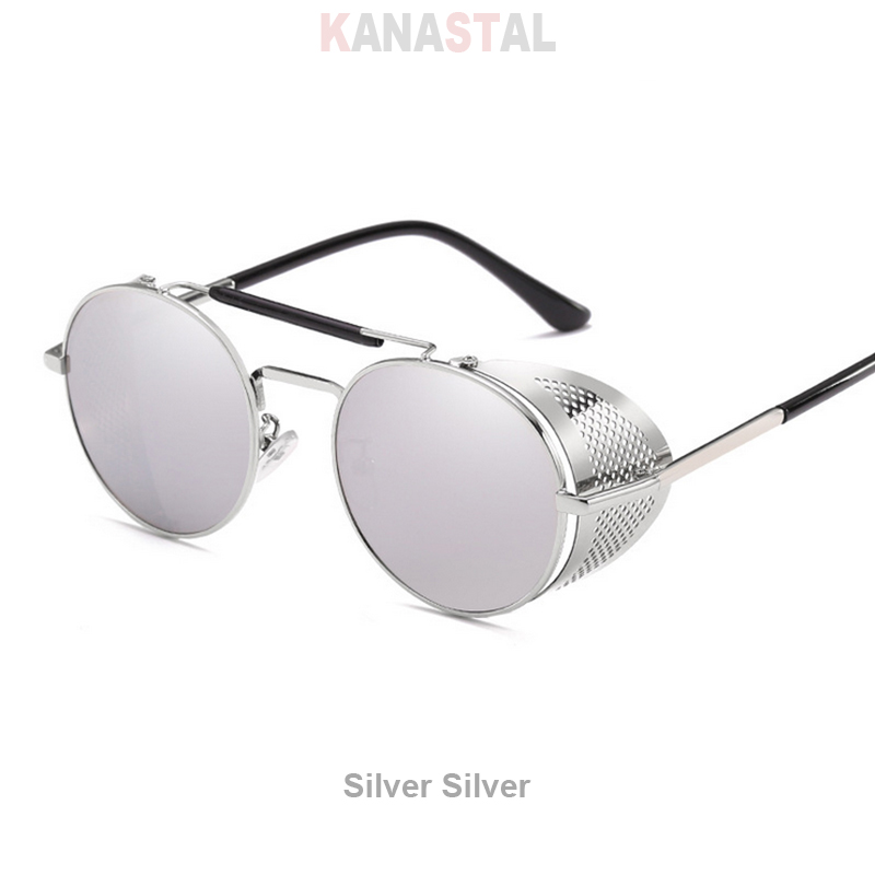 Retro Round Steampunk Sunglasses Men Women UV Side Shield Glasses Metal Frame Gothic Mirror Lens Sun Glasses: WHITE