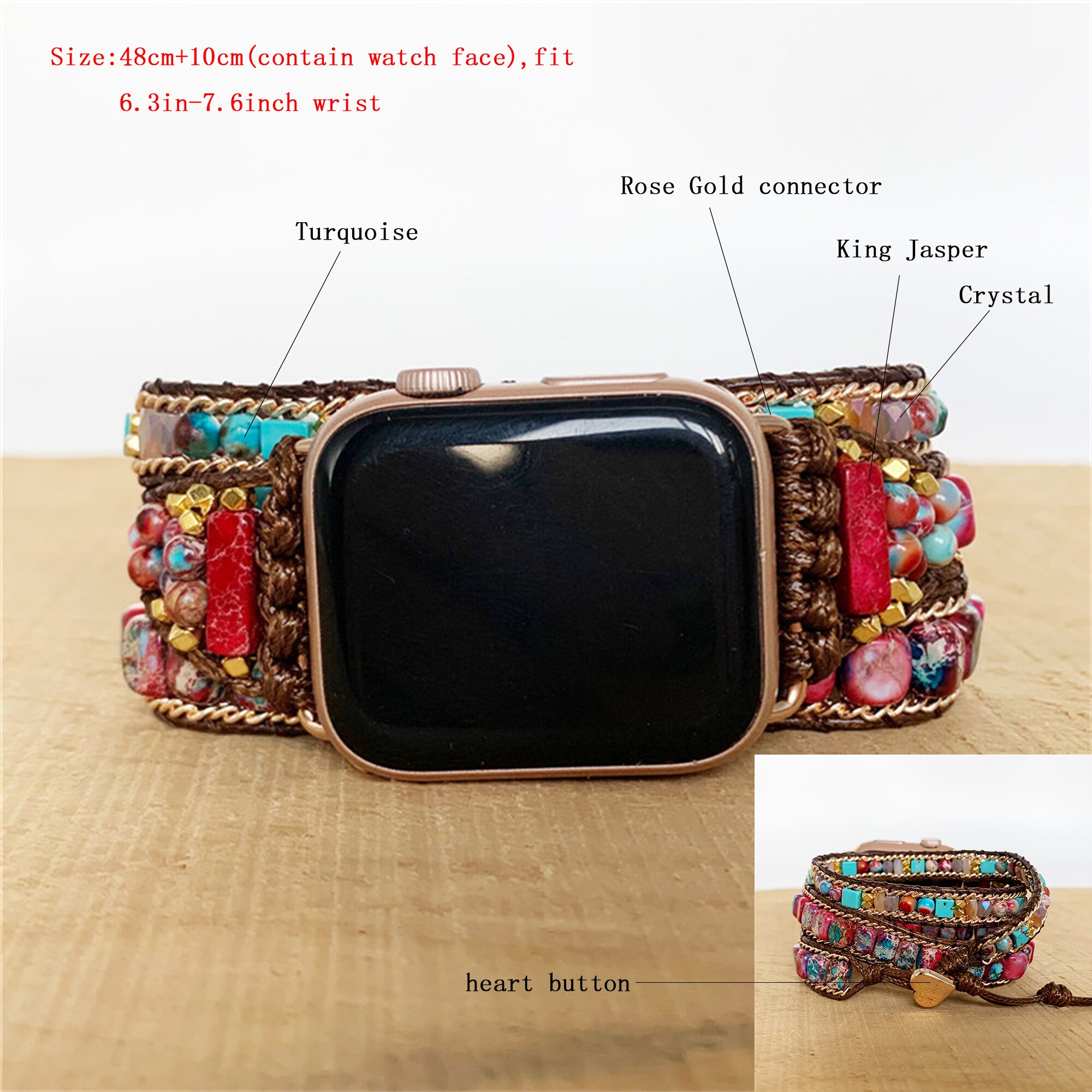 Bracelet en pierre de jaspe impérial, pour Apple Watch, Boho, perles, 3 enveloppes de cire, Bracelet Vegan, de noël