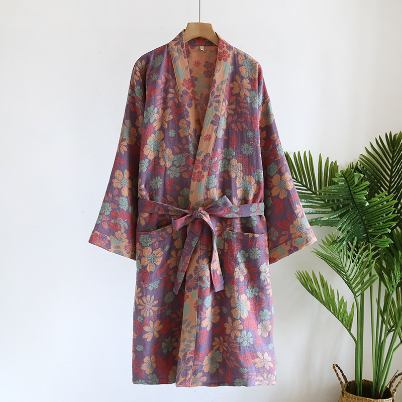Batas de algodón puro para mujer, albornoz de manga 3/4 para primavera y otoño, batas de mañana estampadas para mujer, ropa holgada para el hogar, batas para dormir: L / Morado