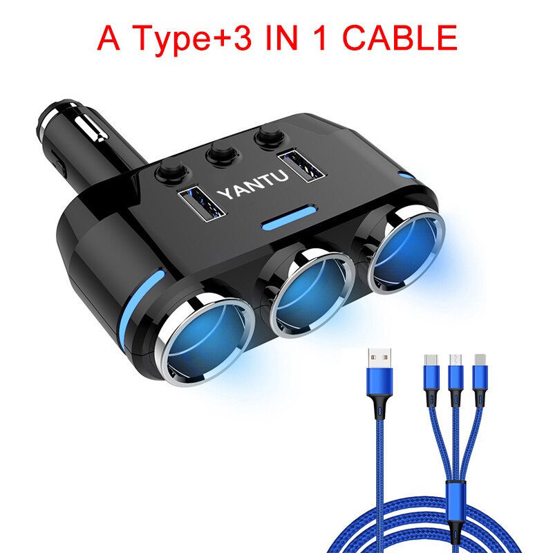 Podwójny Port USB 3 sposób gniazdo zapalniczki samochodowej rozgałęźnik ładowania przejściówka adapter DC 5V 1A + 2.1A gniazdo zapalniczki czarny dla: A rodzaj z kabel