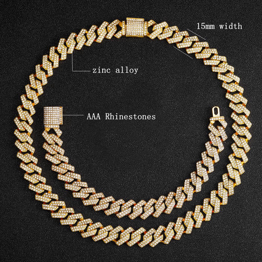 Hip hop 15mm bling gelo para fora de cristal cubana prong chain strass zircão masculino colares pulseira para homem jóias colares