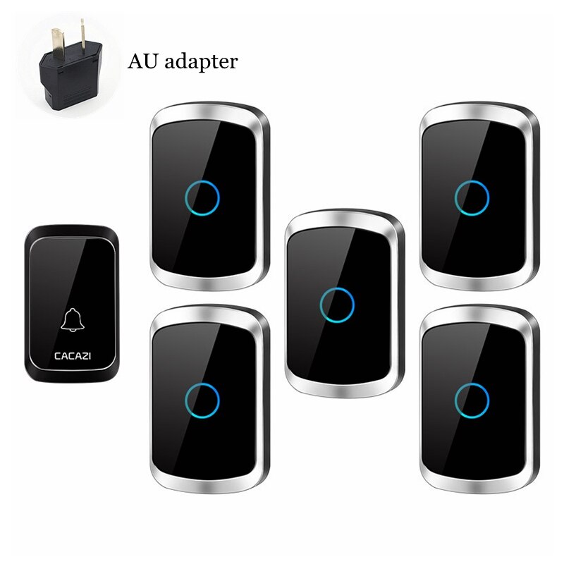 CACAZI Smart Wireless Door Bell Waterproof 1 Transmitter 5 Receiver US EU UK AU Plug Battery Home Bell Chime Wireless Ring Bell: black 1x5 AU