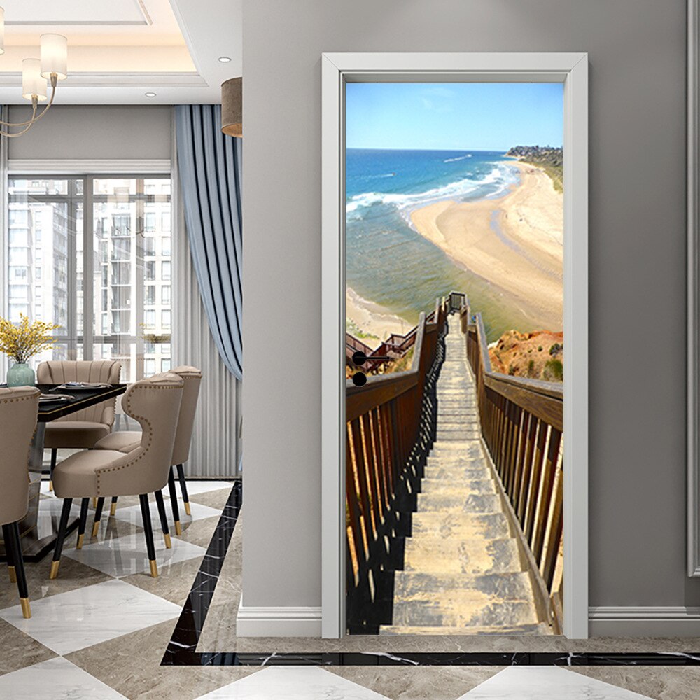 Landscape Door Stickers Wooden Bridge Beach Sea View Stickers Bedroom Study Bathroom Door Concealer Decorative Wall Stickers