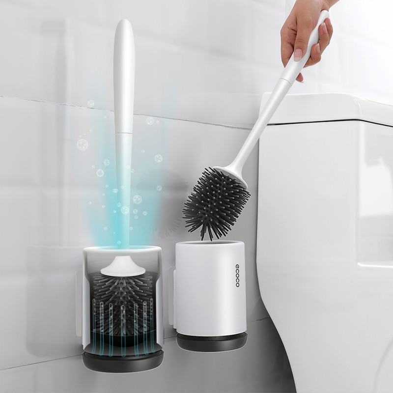 Silicone Toilet Brush With Holder Set Plastic Toilet Bowl Brush Wall-mounted or Floor-Standing Bathroom Toilet Cleaning Brush
