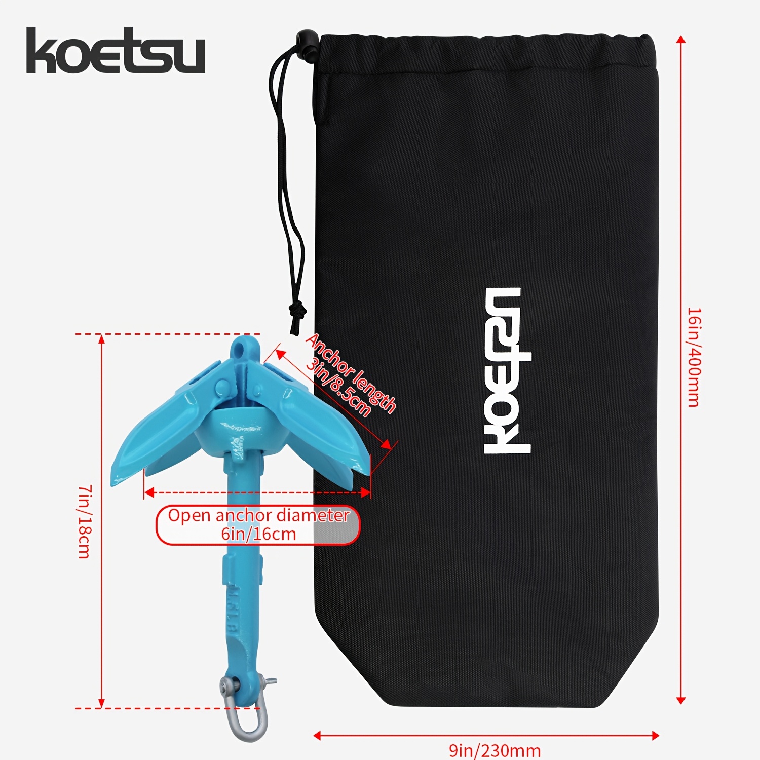 KOETSU 0,7 kg/1,5 lb geverfde ankerset is geschikt voor het afmeren van opblaasbare boten, kajaks en diverse kleine vaartuigen.