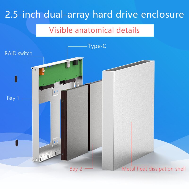 UTHAI 2.5 Inch Mobile HDD Enclosure Dual-Bay RAID Disk Array USB3.0 / Type-C 5Gbps Metal Solid State Hard Disk Box