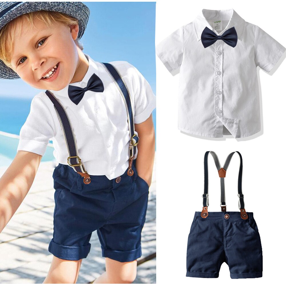Junge Bogen Gentleman Kleidung Weißes Hemd + Nary kurze Hose mit Hosenträger freundlicher freundlicher Outfits Kurzarm setzt