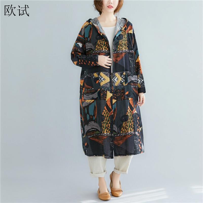 Plus size lange trenchcoat met capuchon, lente voor dames, graffiti print, casual vest, katoenen linnen jassen, kleding, windjack