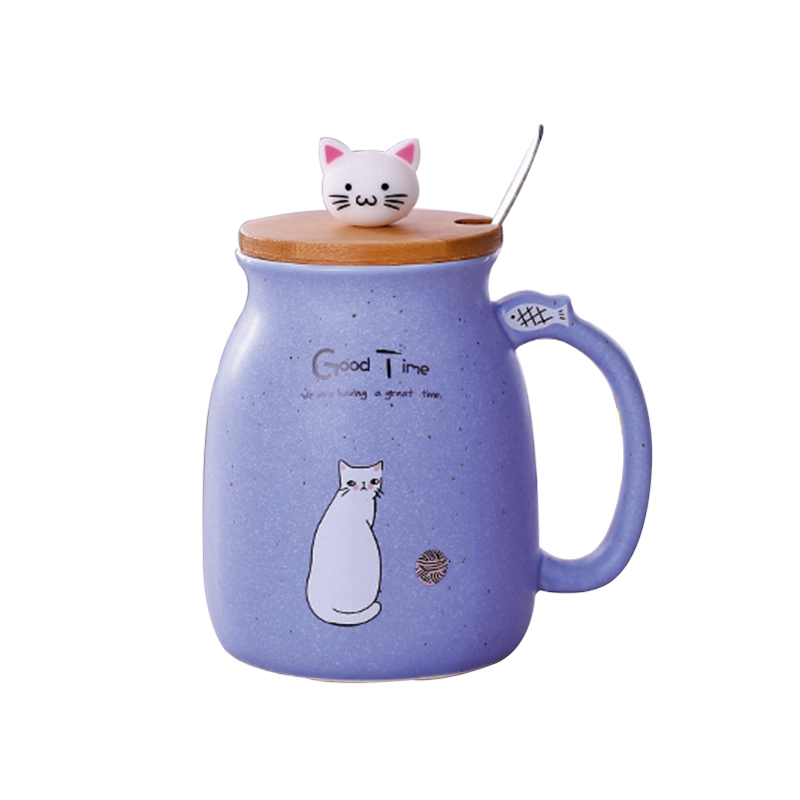 cute cat Mug cup heat-resistant cartoon taza with lid kitten coffee ceramic mugs children cup office Drinkware: purple