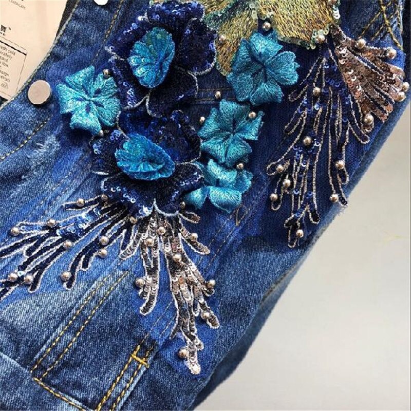 automne femmes Denim veste broderie trois dimensions fleurs perle perle court manteau à manches longues jean veste d'extérieur