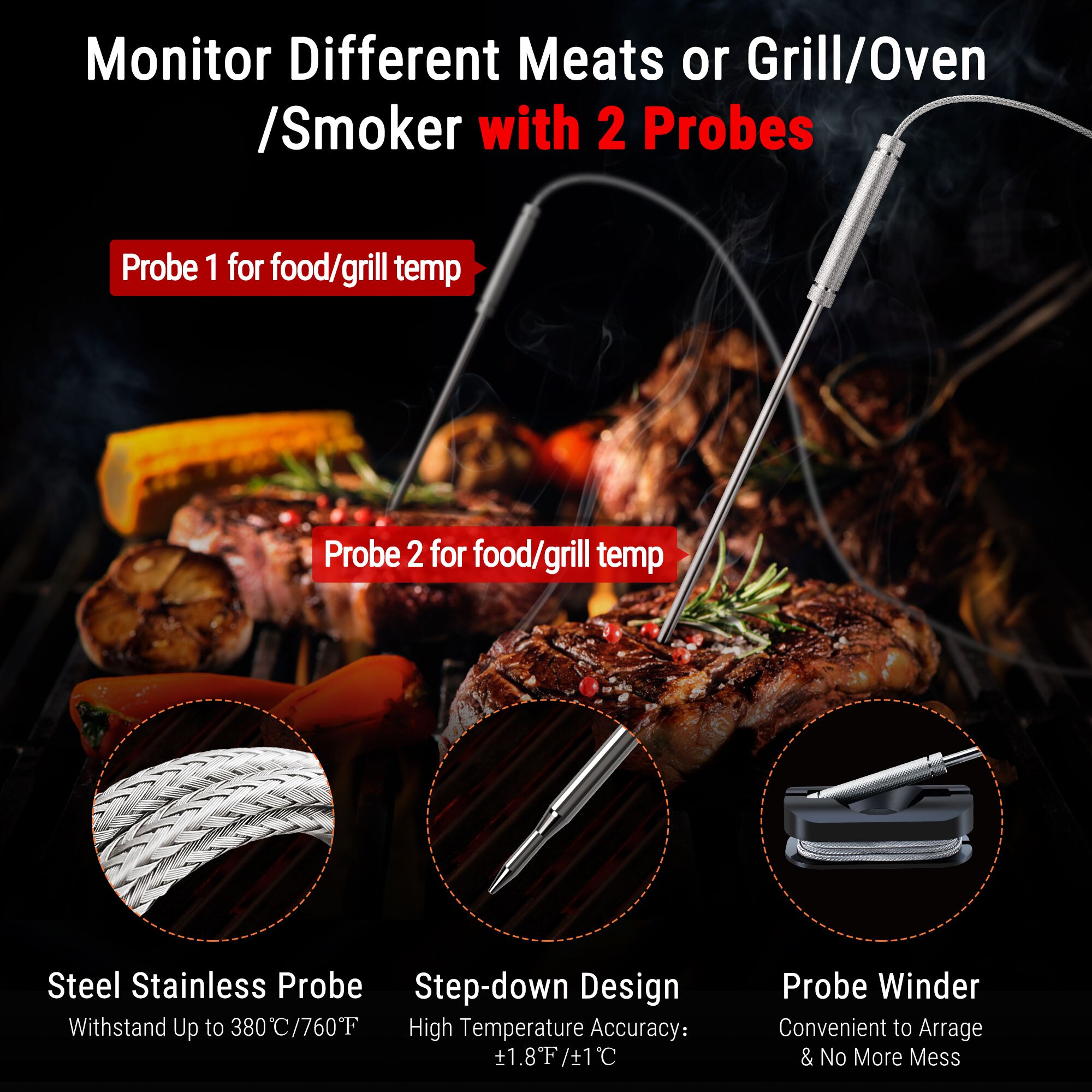 ThermoPro-termómetro Digital TP920 recargable, 150M, inalámbrico, compatible con Bluetooth, retroiluminación, para cocina, barbacoa, horno, carne
