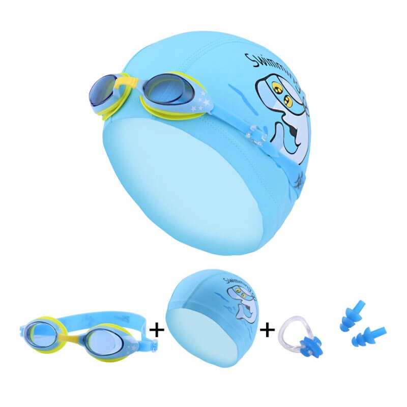 Kinderen Zwembril Siliconen Shark Caps Duiken Bril Oor Plug Neus Set Waterdichte Kids Zwemmen Zwembad Brillen Meisje Jongen: Sky Blue Dolphin.
