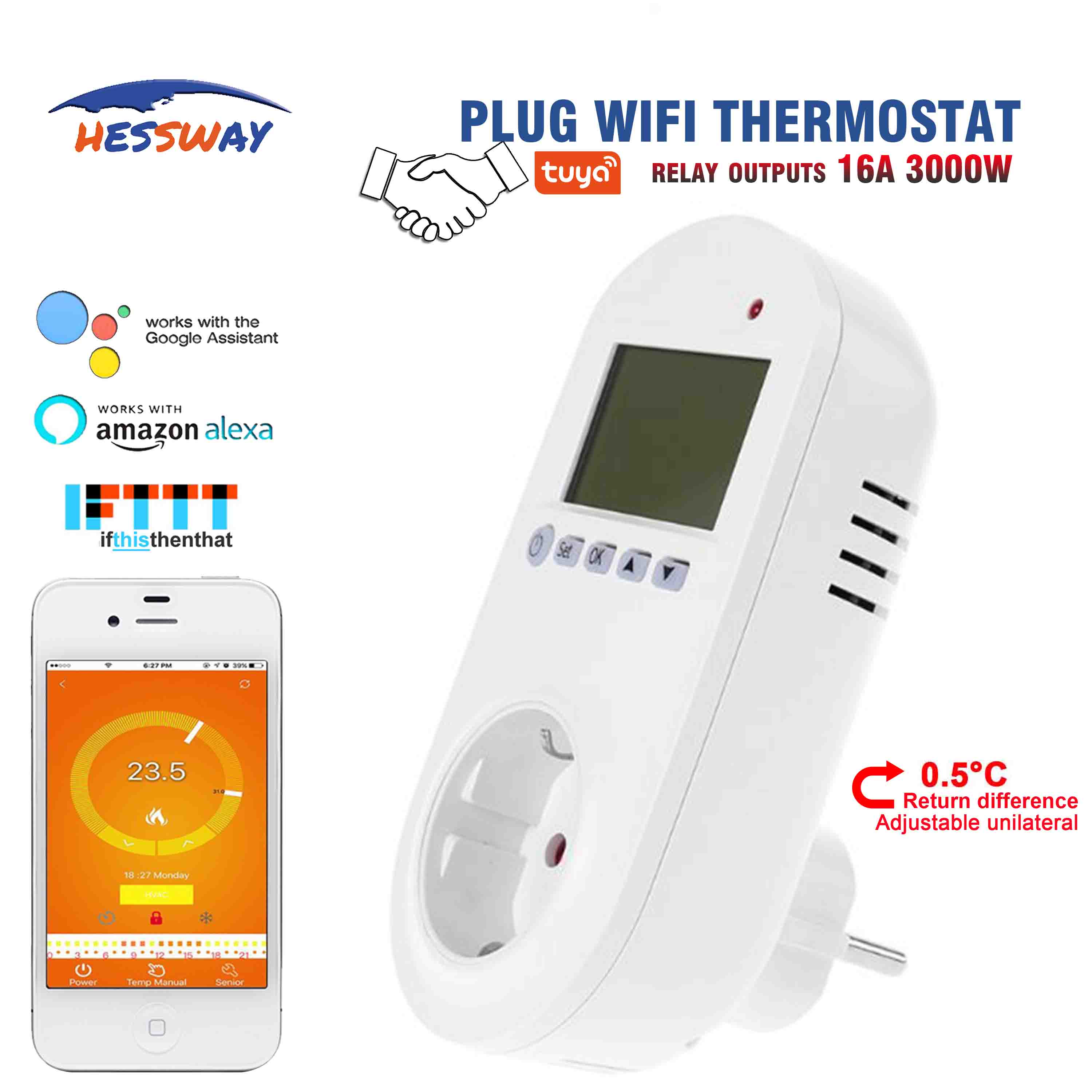 Hessway tuya wifi trådløs opvarmningstermostat 16a til eu-stik ensidig forskel 0.5 grad