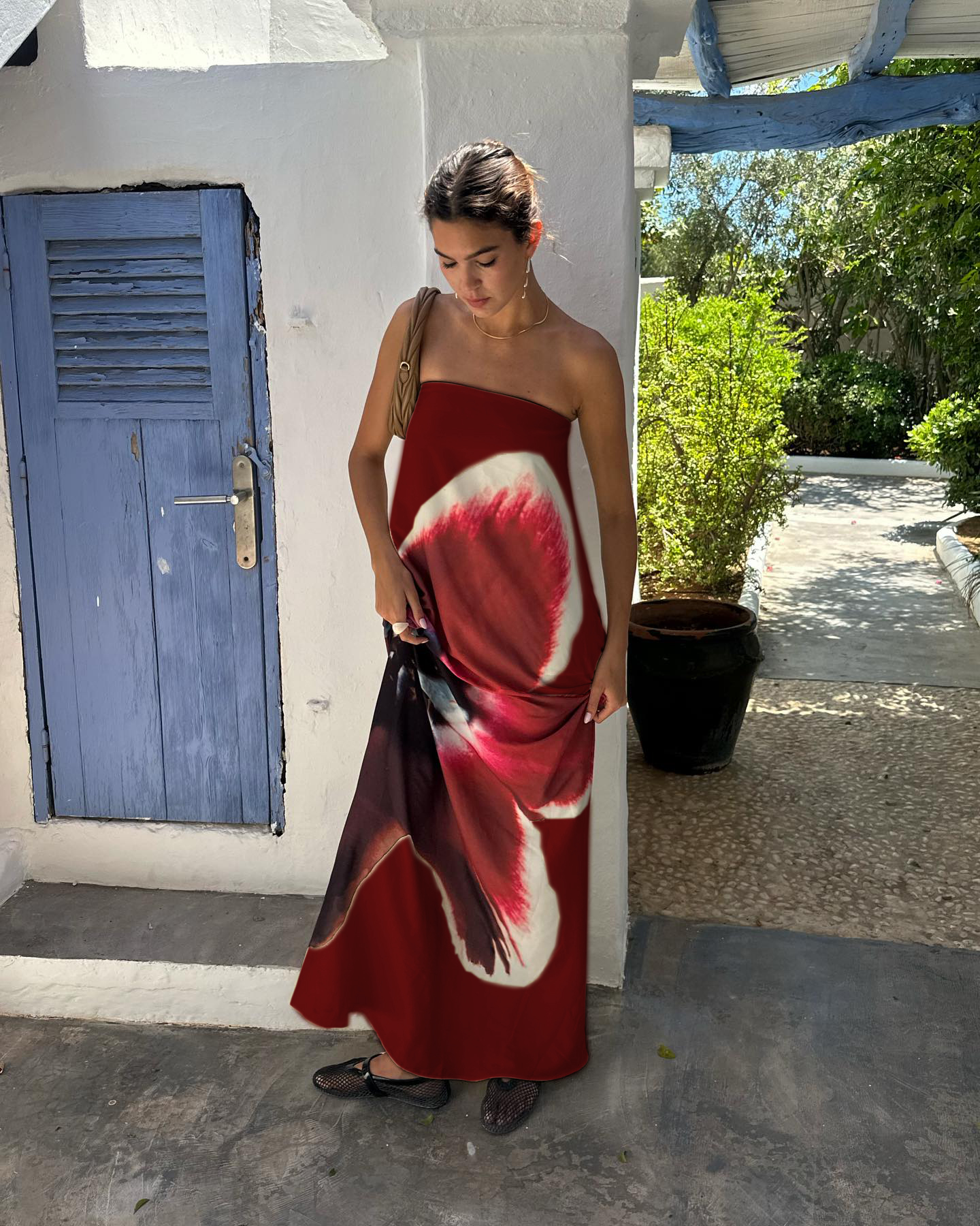 CUTENOVA Sexy Strapless Print Bloemenriem Dames Maxi Jurk Geel Backless Hoge Taille Jurken Zomervakantie Elegante Strandkleding: L / Claret
