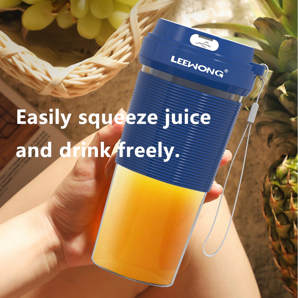 LEEWONG Portable Blender USB Mini Electric Travel Juicer Milkshake Smoothie Mixer 300ml Blue