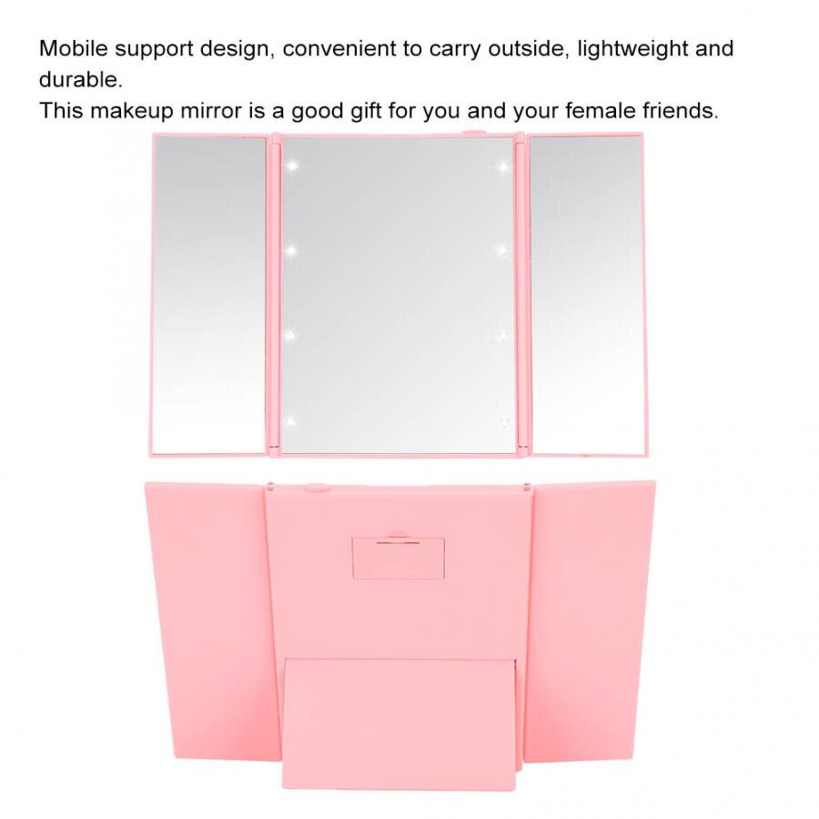Led Mirror Pink LED Three Fold Makeup Mirror Folding Cosmetic Mirrors for Travel Bathroom Tabletop Pocket Mirror