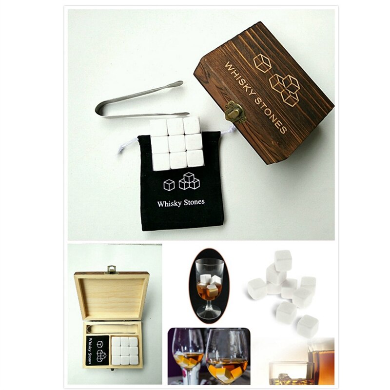 2 sæt whisky sten med ord trækasse whisky klipper sten firkantet sten træ kasse - grå & hvid