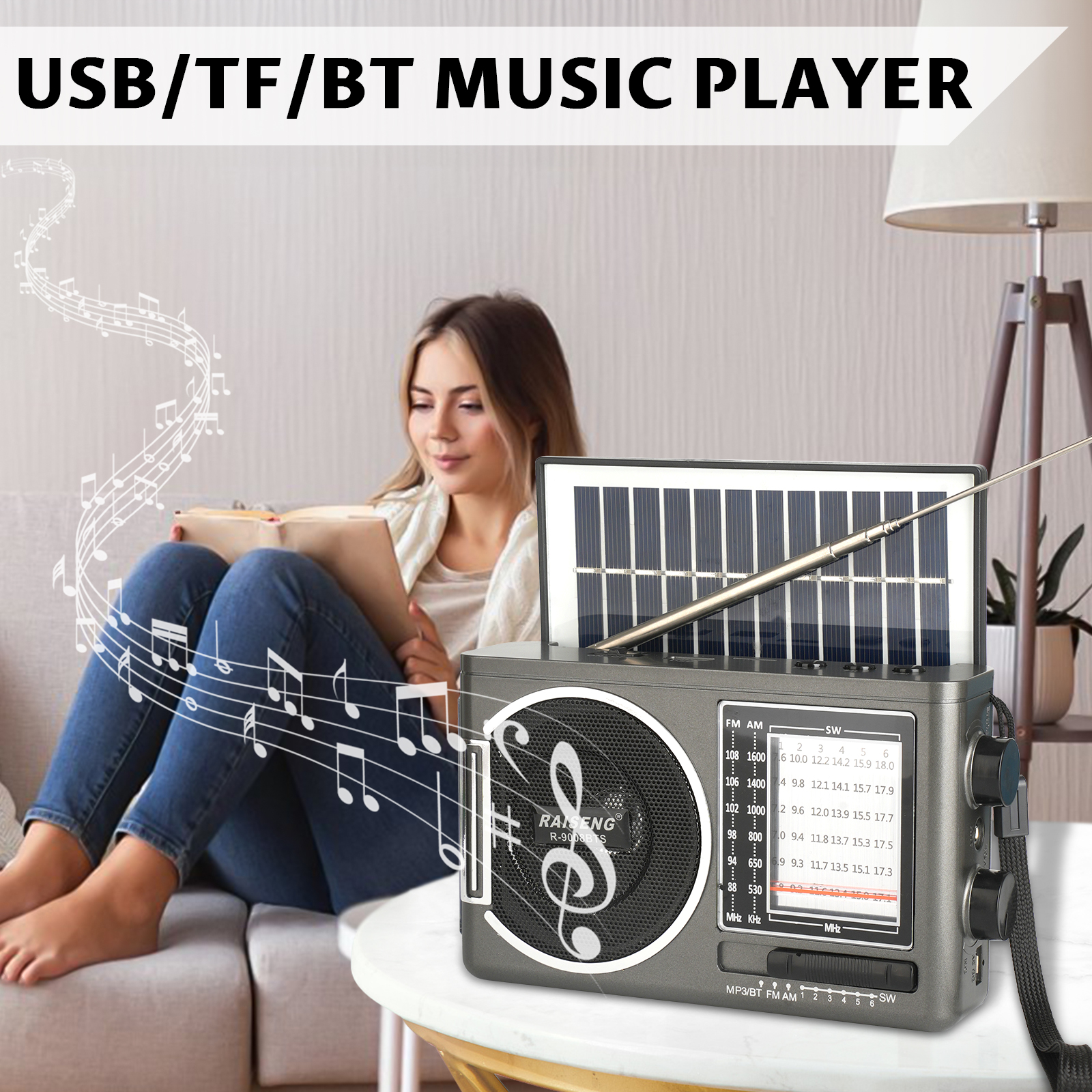9008BTS classic solar radio, AM/FM speaker, USB/TF card interface, 3 charging methods, suitable for outdoor activities