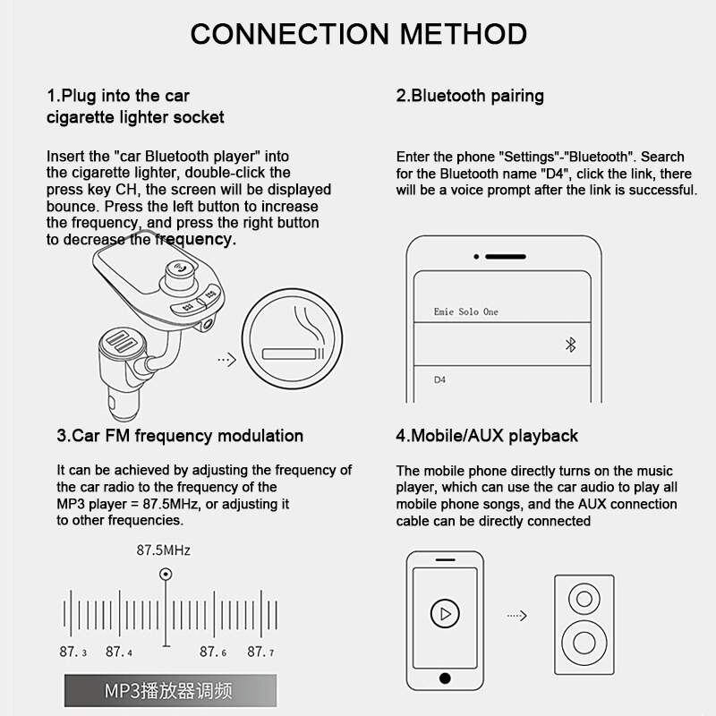 Mp3 Speler Bluetooth Carkit Muziekspeler Fm-zender Modulator Met 3.0a Dual Usb Autolader Luidsprekers Aux Aansluiting