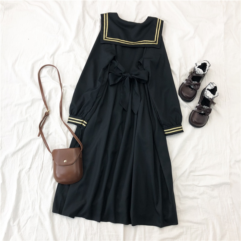 Japanese retro dark black navy collar college style long-sleeved dress female student JK sailor suit mid-length skirt