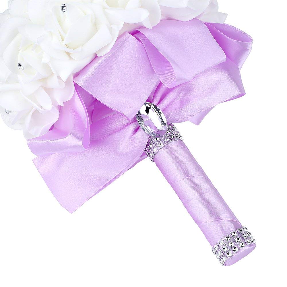 Handmade Beautifu Lilac Bridal Bridesmaid Flower Wedding Bouquet Artificial Rose Ribbon Crystal Bouquets de noiva