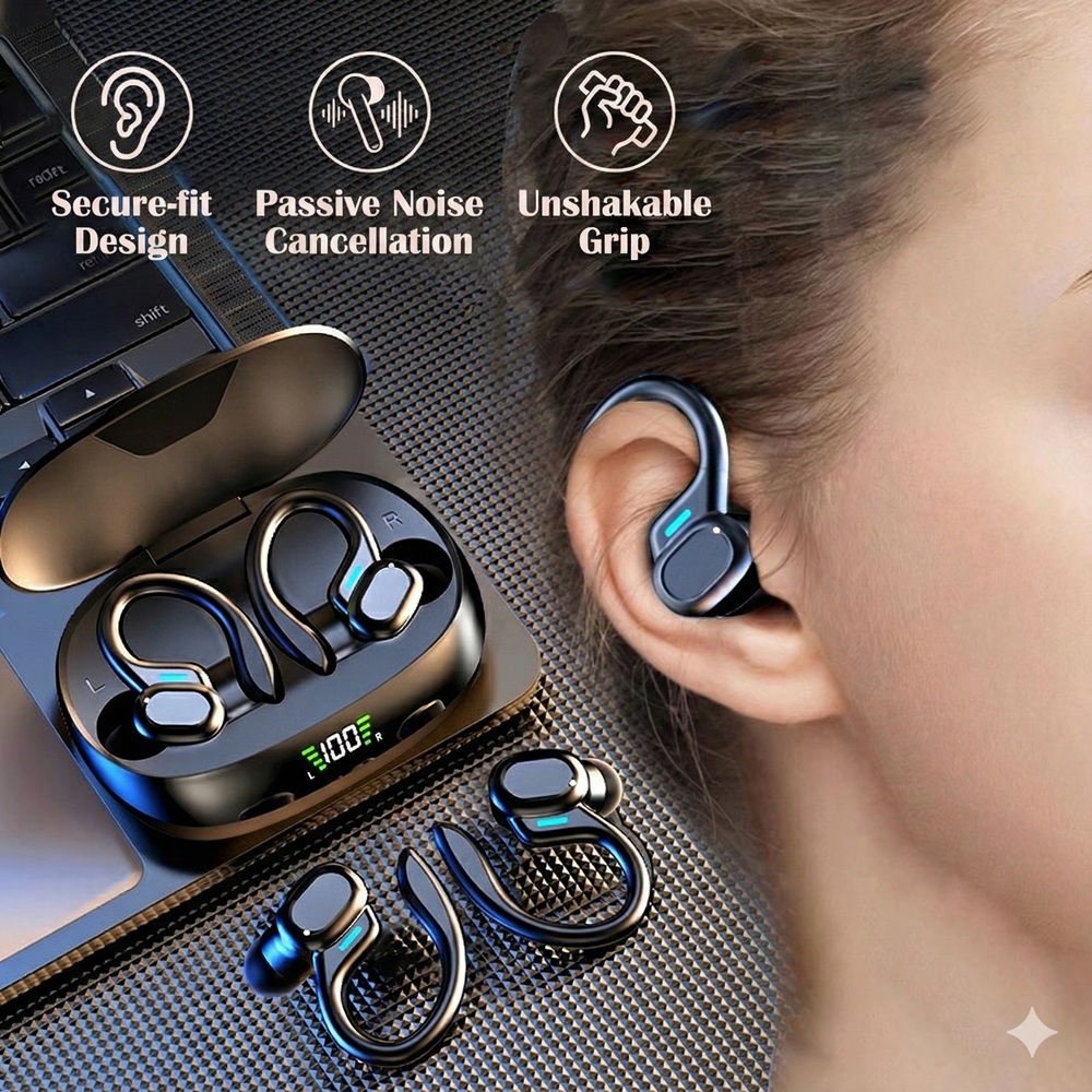 Cuffie stereo bluetooth wireless originali con gancio auricolare, auricolari sportivi impermeabili per allenamento, sport e corsa