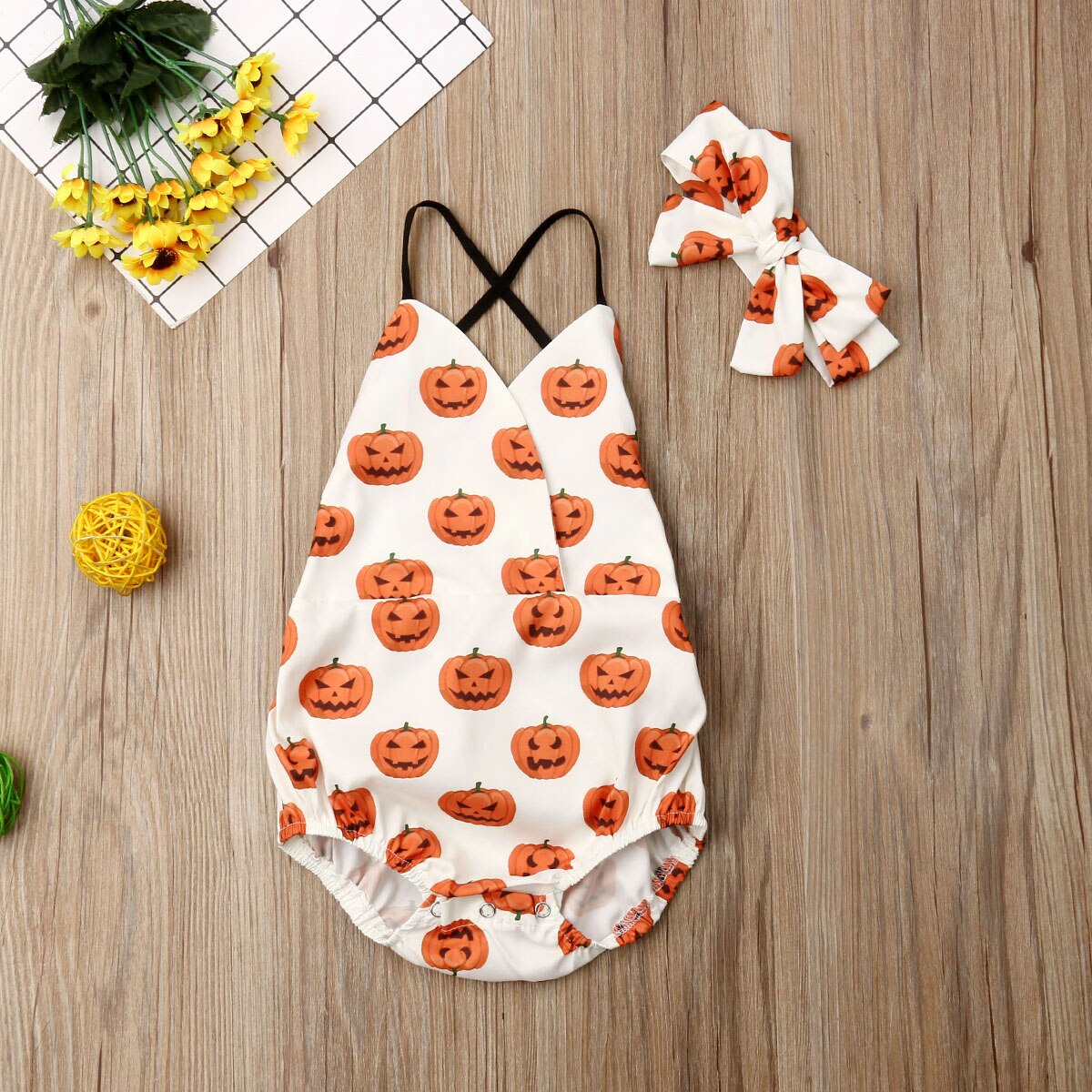 Halloween Newborn Infant Kids Baby Girls Boys Bodysuits Sleeveless Pumpkin Print Backless Belt Jumpsuits Headband 2pcs