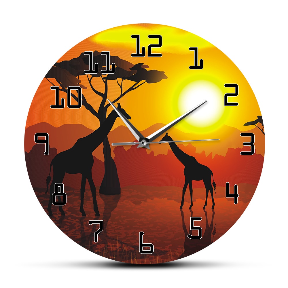 Serengeti African Sunset Savannah Safari Printed Hanging Timepiece Wildlife Giraffe Watch No Ticking Slient Wall Clock