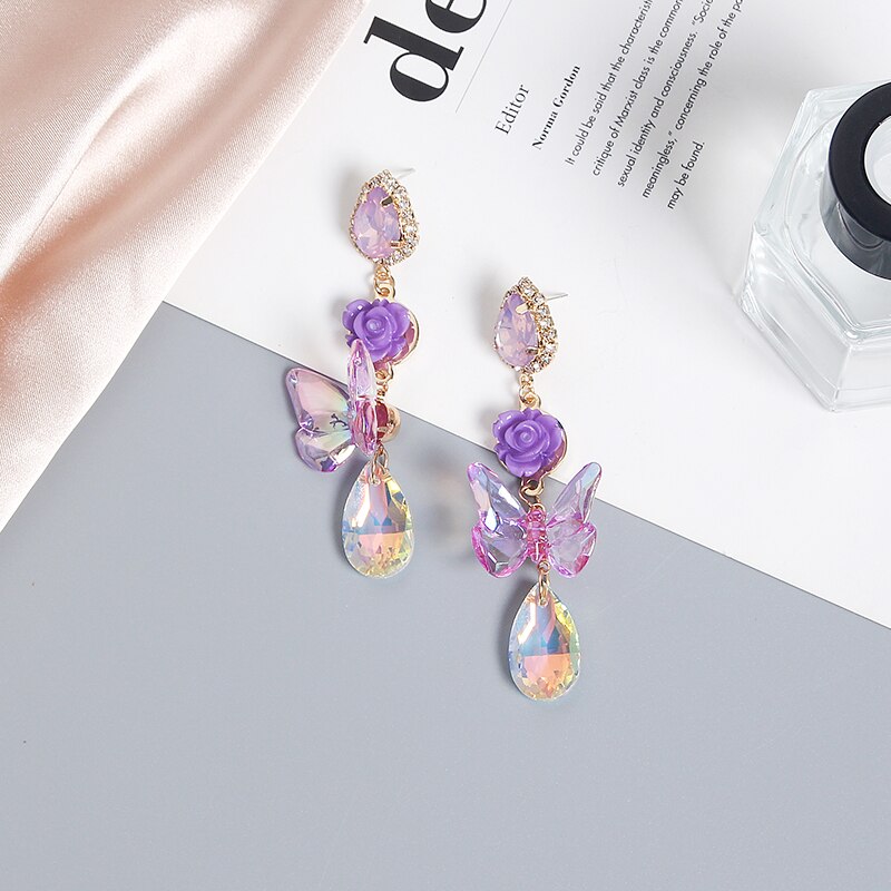 MWSONYA Korea Trendy Purple Butterfly Flowers Acrylic Pendant Earrings Crystal Water Drops Earrings for Women Earrings